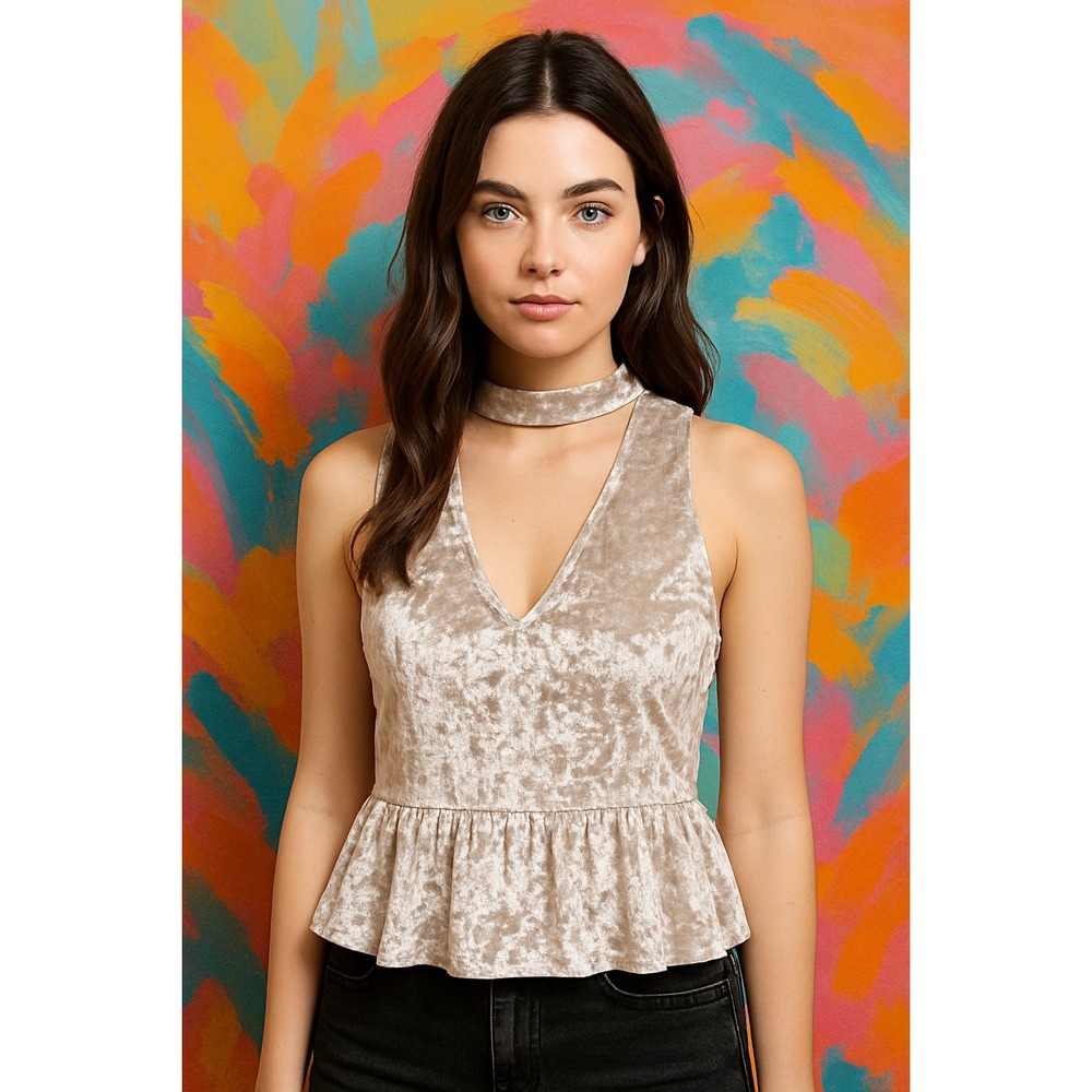 Cloud & Sky Womens Crushed Velvet Peplum Top S Mock Neck Y2K Romantic Softcore‎